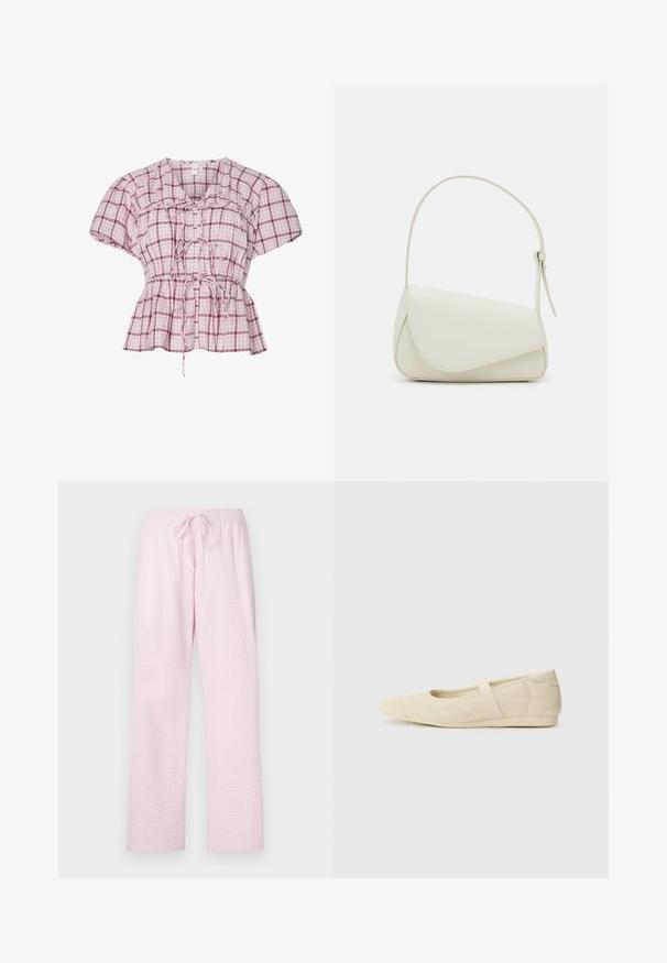 Blusa peplum de mangas cortas en un patrón de cuadros en rosa claro y blanco. Presenta un lazo en el frente, fruncidos en la cintura y está hecha de un suave material de algodón.; Pantalones de pijama color rosa claro en una tela texturizada con un corte holgado, que cuentan con una cintura elástica y un cordón para ajustes.; Bailarinas beige con un exterior de cuero liso, punta en forma de almendra y una correa elástica en el empeine, con detalles de costura sutiles.; Bolso de mano de imitación cuero blanco con una forma triangular estructurada, correa ajustable única y cierre con solapa acentuada en curva.