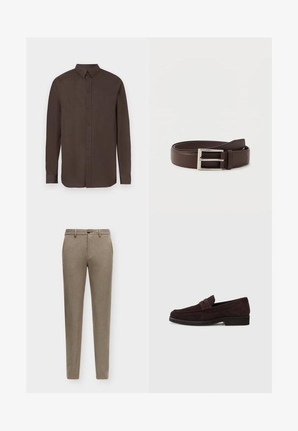 Chemise marron à manches longues avec boutons sur le devant et col, présentant une texture lisse et des boutons régulièrement espacés.; Pantalon beige coupe slim avec passants de ceinture, bouton à l'avant et poches latérales, présenté sur un fond uni.; Mocassins en daim marron avec une silhouette basse et un embout arrondi. Présentent une sangle décorative sur le dessus, une semelle en caoutchouc plate et sans couture visible.; Ceinture en cuir marron foncé avec une boucle rectangulaire en argent, soigneusement enroulée sur un fond blanc uni.