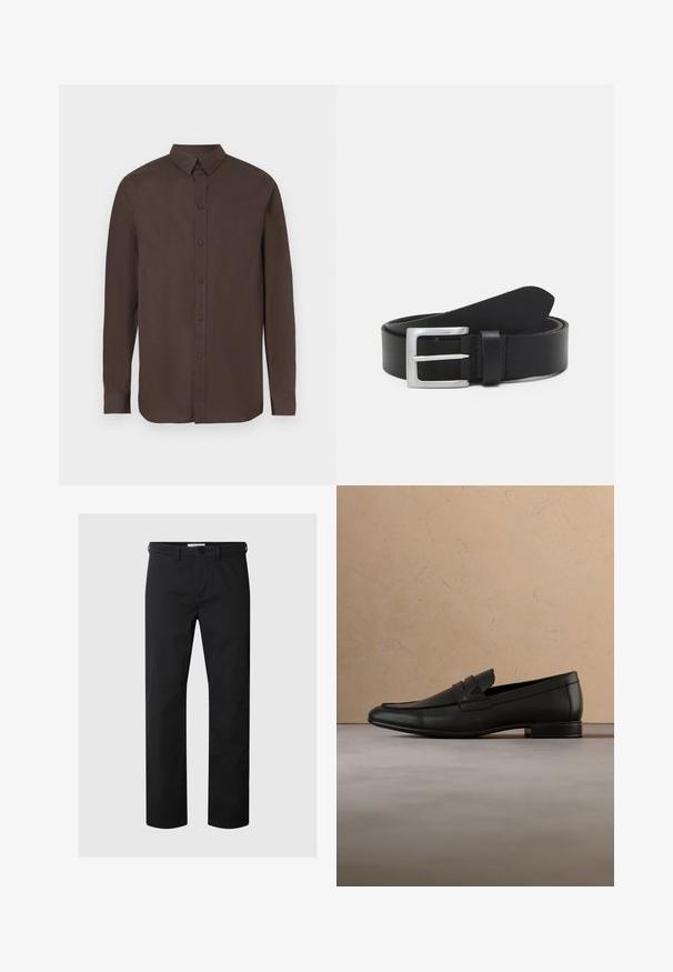 Chemise marron à manches longues avec boutons sur le devant et col, présentant une texture lisse et des boutons régulièrement espacés.; Pantalon noir à jambes droites avec passants de ceinture et fermeture par bouton à la taille, présenté sur un fond clair uni.; Mocassin en cuir noir flottant au-dessus d'un tapis beige avec un canapé beige dans un intérieur minimaliste.; Ceinture en cuir noir avec une texture lisse, boucle rectangulaire en argent et une boucle pour l'extrémité. Présente des coutures soignées le long des bords.