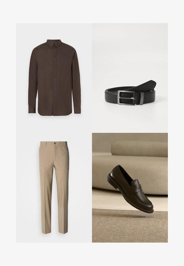 Chemise marron à manches longues avec boutons sur le devant et col, présentant une texture lisse et des boutons régulièrement espacés.; Pantalon beige à motif à carreaux avec une coupe droite, doté d'une fermeture par bouton et d'une texture de tissu lisse.; Un seul mocassin en cuir brun foncé flottant au-dessus d’un tapis texturé beige, avec un canapé beige flou en arrière-plan.; Ceinture en cuir noir avec une boucle en métal argenté, présentant une finition lisse et un design classique. La ceinture est soigneusement pliée.