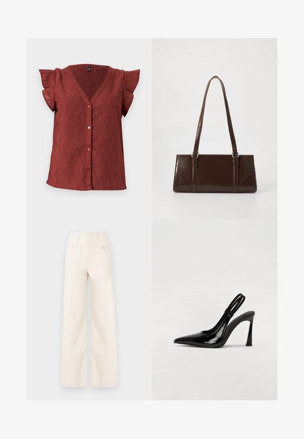 Blouse couleur rouille avec col en V et manches courtes à volants. Tissu texturé présentant un motif ondulé et boutons sur le devant.; Pantalons à jambes larges en coton ivoire. Dotés d'une taille haute, de deux poches arrière avec des boutons en métal, et d'une texture lisse et propre.; Escarpin en cuir verni noir à talon aiguille, à bout pointu, avec une sangle élastique double pour un maintien sécurisé. Surface lisse et brillante.; Sac à main en cuir verni marron de forme rectangulaire, avec deux longues poignées et des accents courbés subtils à l'avant.