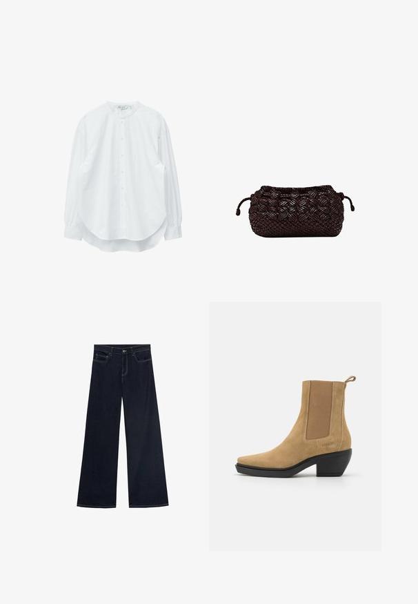 Hvid langærmet skjorte med knapper foran, stålkrave, afrundet kant og manchetter med knapper, vist mod en hvid baggrund.; Viddebenede jeans i mørkeblå denim med gul syning, fem lommer og en knaplukning. Glat tekstur, afslappet design.; Suedes ankelstøvle i lys brun med elastiske sidepaneler, spids tå og en medium blokhæl. Har en træktab ved hælen.; Mørkebrun vævet clutchnet med flettet tekstur og snøre lukning på begge sider mod en hvid baggrund.