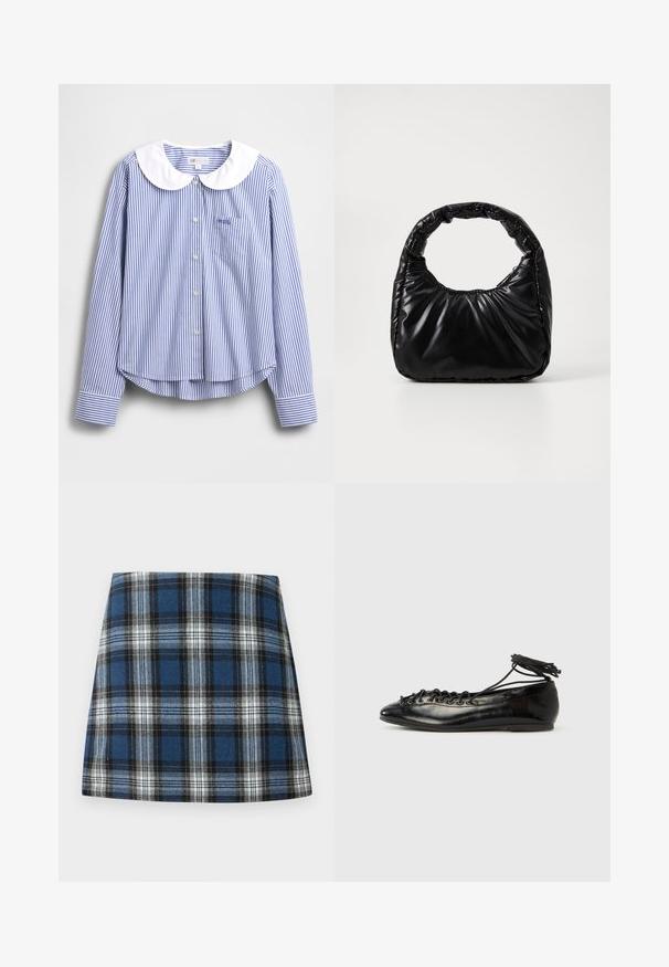 Chemise à manches longues rayée bleu et blanc avec un col Claudine blanc, fermeture à boutons et une petite poche poitrine. Tissu en coton doux.; Jupe en tartan bleu présentant un motif à carreaux varié en bleu, noir et blanc. Fabriquée dans un tissu texturé avec une silhouette ajustée.; Ballerines en cuir verni noir avec un bout rond, un design à lacets et une semelle plate. Texture lisse avec peu de détails.; Sac à main noir rembourré avec une poignée arrondie, présentant une surface lisse et brillante ainsi qu'une texture douce et matelassée. Pas de quincaillerie ou d'accents visibles.