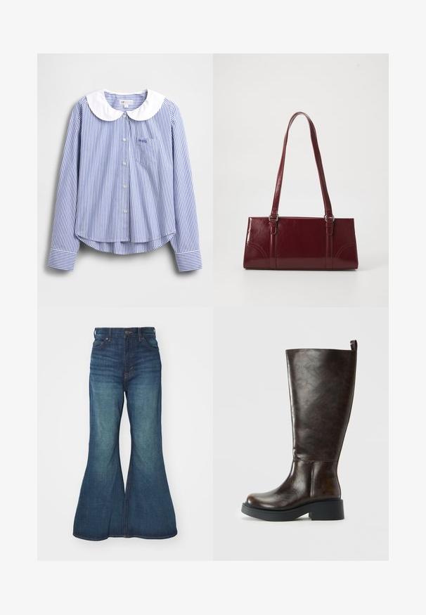 Chemise à manches longues rayée bleu et blanc avec un col Claudine blanc, fermeture à boutons et une petite poche poitrine. Tissu en coton doux.; Jean en denim évasé de bleu moyen, présentant une taille haute, un design à cinq poches et des coutures contrastées. Texture lisse avec un léger délavage.; Botte en cuir marron foncé, haute jusqu'au genou, avec bout arrondi, semelle épaisse noire, petit talon bloc et une languette au dos en haut.; Sac à main bordeaux en matériau brillant, de forme rectangulaire, avec deux anses et des accents légèrement courbés à l'avant.