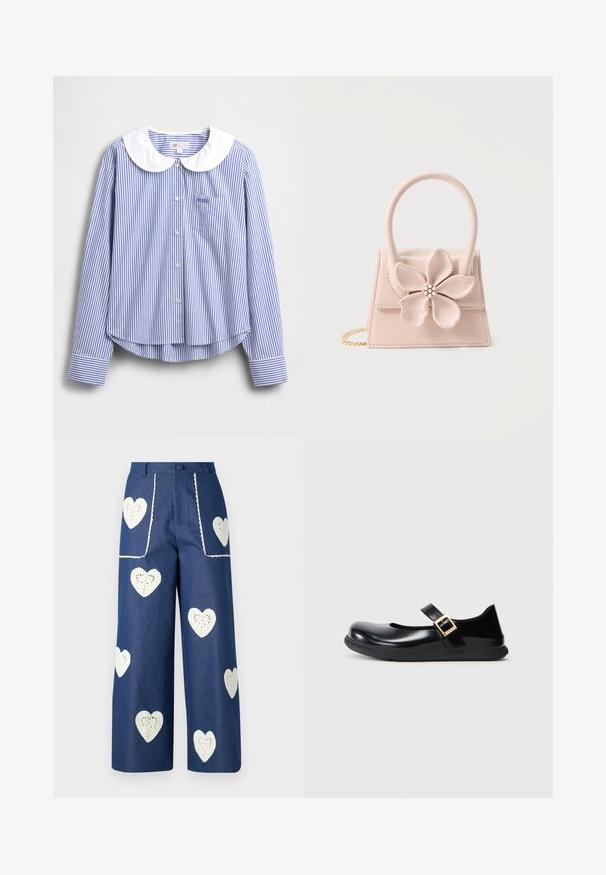 Blå og hvidstribet langærmet skjorte med en hvid Peter Pan-krave, knaplukning og en lille brystlomme. Blødt bomuldsstof.; Sister Jane HEART TO HEART - Jeans Straight Leg - blue denim; Sort patentlæder Mary Jane sko med rund tå, en enkelt rem med en guldbuckle og en struktureret sort gummisål.; Lille sart lyserød håndtaske med en stor blomsterdekoration med perle- og rhinstenmidte, top-håndtag og guld kæderem.