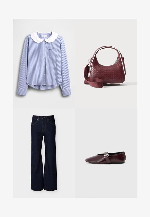 Chemise à manches longues rayée bleu et blanc avec un col Claudine blanc, fermeture à boutons et une petite poche poitrine. Tissu en coton doux.; Pantalon en denim bleu foncé avec une taille haute, coupe à jambes larges, poches avant, fermeture par bouton et fermeture éclair.; Ballerines en cuir bordeaux avec un bout pointu, une semelle plate et une sangle décorative avec boucle sur le cou-de-pied. Texture lisse et brillante.; Sac à main en cuir tressé marron foncé avec poignée courbée, garniture blanche, fermeture éclair argentée et bandoulière large en tissu amovible sur fond uni.