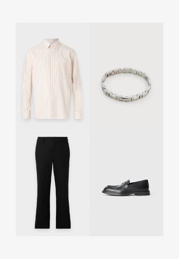 Witte blouse met lange mouwen en knoopsluiting, met verticale rode en blauwe strepen en een enkele borstzak, plat gelegd op een witte achtergrond.; Zwarte uitlopende broek van een katoenmix, voorzien van een knoopsluiting, riemlussen en een gladde textuur zonder zichtbare patronen.; Zwarte leren loafers met een gestructureerde afwerking, voorzien van een decoratieve voorstrik en een afgeronde neus. Rubberzool voor duurzaamheid.; Zilveren metalen armband met rechthoekige schakels en een sluiting, plat gelegd op een effen witte ondergrond.
