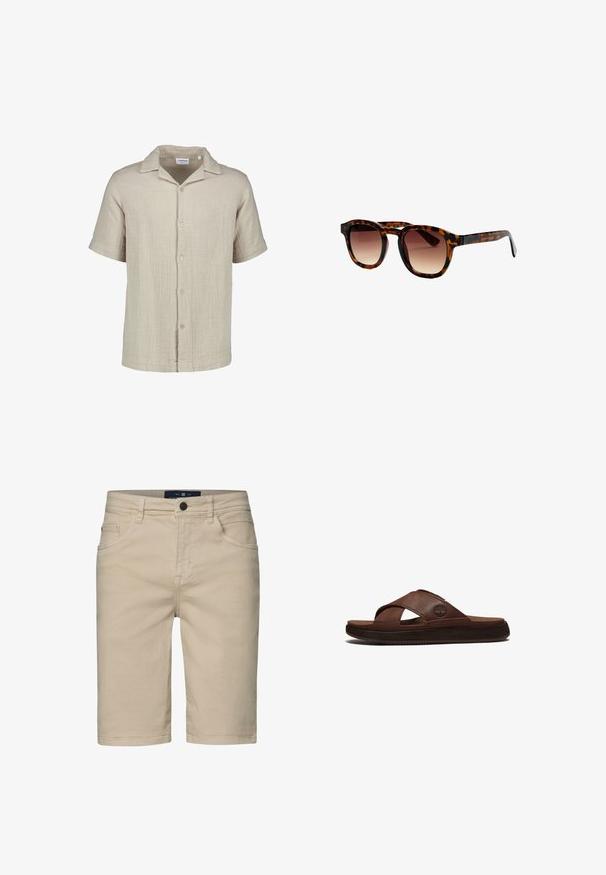Beige kurzärmeliges Hemd mit Knopfleiste, strukturiertem Stoff und locker geöffnetem Kragen.; Beige Denim-Shorts mit geradem Schnitt, fünf Taschen, einem Knopfverschluss und genähten Details. Glatte Textur und knielanges Design.; Brauner Herrenslider aus Leder mit gekreuzten Riemen und strukturierter schwarzer Sohle, mit einem kleinen eingeprägten Baum-Logo auf dem äußeren Riemen.; Sonnenbrille mit Schildpattmuster, runden, braun verlaufenden Gläsern und einem schlanken Rahmendesign.