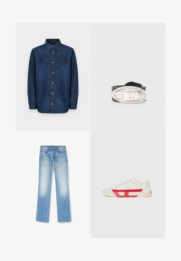 La chemise en denim présente une teinte bleu foncé, un col boutonné, un col pointu, des manches longues et un petit logo rouge sur la poitrine.; Jean droit bleu clair en denim, présentant une finition délavée, un design à cinq poches et des détails de couture visibles le long des coutures.; Baskets en toile avec un dessus blanc, des accents en caoutchouc rouge et un design texturé. Elles présentent une tête arrondie et cinq œillets pour les lacets.; Ceinture en cuir noir roulée avec une grande boucle ovale en argent ornée d'un "D" stylisé en relief.