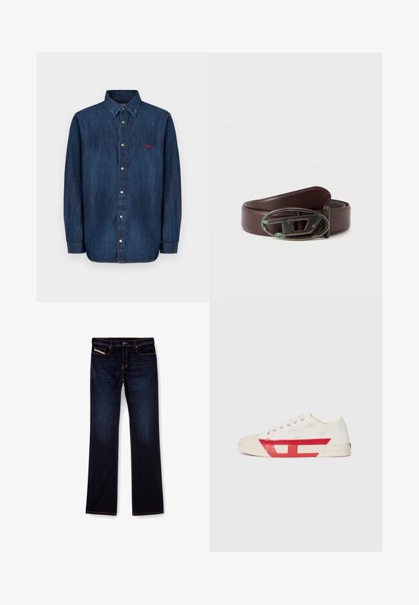 Denim shirt heeft een donkerblauwe tint, knoopsluiting aan de voorkant, puntige kraag, lange mouwen en een klein rood logo op de borst.; Donkerblauwe denim jeans met een rechte pijp, voorzien van oranje stiksels, een ritssluiting en voorzakken. Glad oppervlak en een standaard tailleband.; Canvas sneaker met een witte bovenkant, rode rubberen accenten en een gestructureerd ontwerp. Heeft een ronde neus en vijf oogjes voor de veters.; Bruine leren riem met een gestructureerde afwerking en een ovale metalen gesp met een groenige patina. De riem is breed en robuust van ontwerp.