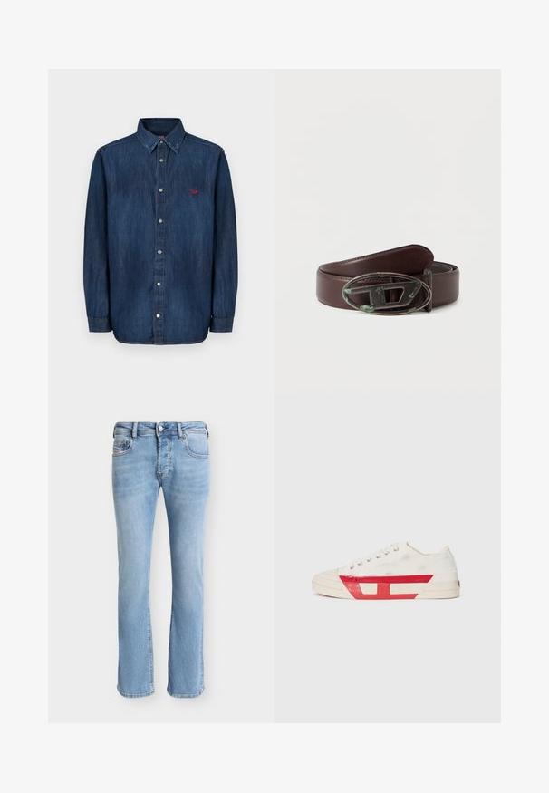 La chemise en denim présente une teinte bleu foncé, un col boutonné, un col pointu, des manches longues et un petit logo rouge sur la poitrine.; Jean droit en denim bleu clair avec poches avant, passants de ceinture, fermeture à boutons et coutures visibles sur un fond uni.; Baskets en toile avec un dessus blanc, des accents en caoutchouc rouge et un design texturé. Elles présentent une tête arrondie et cinq œillets pour les lacets.; Ceinture en cuir marron avec une finition texturée et une boucle métallique ovale présentant une patine verdâtre. La ceinture est large et robuste.
