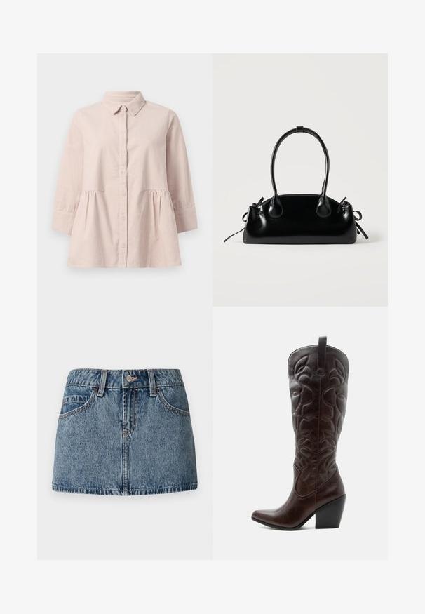 Lys pink skjorte med knaplukning, krave og trekvartærmer. Har en samlet talje, blød tekstur og subtil lodret ribbing.; Denim mini nederdel i middelblå vask, med en tætsiddende talje, forlommer og subtile syninger. Glat, struktureret stoffinish.; Høj mørkebrun læder cowboystøvle med syede dekorative mønstre, spids tå og stablet blokhæle.; Lille sort blank håndtaske med to lange håndtag og snøre-detaljer i siden på en ensfarvet lys baggrund.