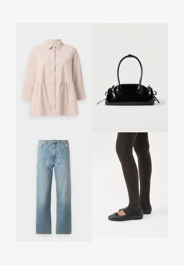 Lys pink skjorte med knaplukning, krave og trekvartærmer. Har en samlet talje, blød tekstur og subtil lodret ribbing.; Lyseblå denimjeans med lige ben, der har en fem-lomme stil og en knaplukning i taljen.; Ben iført mørke ribbede leggings kombineret med sorte balletsko med små sløjfedetaljer på hvid baggrund.; Lille sort blank håndtaske med to lange håndtag og snøre-detaljer i siden på en ensfarvet lys baggrund.
