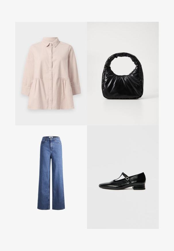 Chemise boutonnière rose pâle avec un col et des manches trois-quarts. Dotée d'une taille froncée, d'une texture douce et de fines rayures verticales.; Jean large en denim bleu clair avec taille haute, deux poches avant et coutures visibles. Fermeture à bouton et à zip.; Chaussures Mary Jane en cuir noir avec bout pointu, petit talon carré et bride ajustable avec une boucle argentée. Texture lisse et brillante.; Sac à main noir rembourré avec une poignée arrondie, présentant une surface lisse et brillante ainsi qu'une texture douce et matelassée. Pas de quincaillerie ou d'accents visibles.