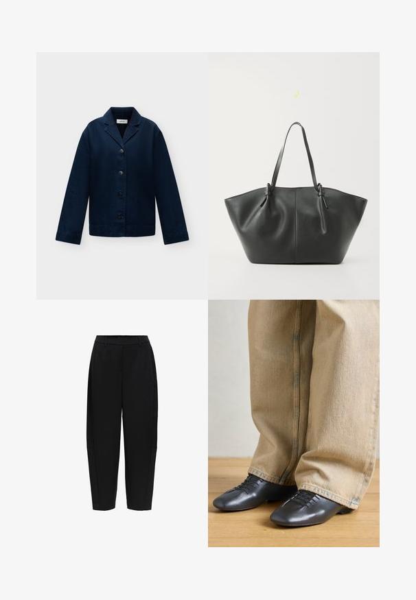 Donkerblauwe jasje met knopen, lange mouwen en een ingezette kraag, plat uitgespreid op een lichte achtergrond.; Zwarte enkellange op maat gemaakte broek met riemlussen en zijzakken, met een rechte, licht taps toelopende pasvorm.; Zwarte leren schoenen met een gladde textuur, een laag profiel en veters, gecombineerd met losse, lichtbeige denim broeken.; Vero Moda VMDITTA - Shopper - black