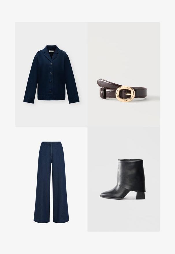 Marineblaue Jacke mit Knopfleiste, langen Ärmeln und einem Revers mit Schlitz, flach auf hellem Hintergrund dargestellt.; Weite, dunkelblaue Jeans mit geradem Schnitt, aus Denim gefertigt. Verfügt über einen hohen Bund und subtile Nahtdetails. Keine sichtbaren Metallteile.; Schwarze Lederstiefelette mit spitzer Zehenform, glatter Oberfläche und strukturiertem Blockabsatz. Mit einem hohen, gefalteten Schaftdesign.; Dunkelbrauner Ledergürtel, zusammengerollt mit einer glänzenden goldfarbenen, abgerundeten rechteckigen Schnalle auf einem schlichten hellen Hintergrund.