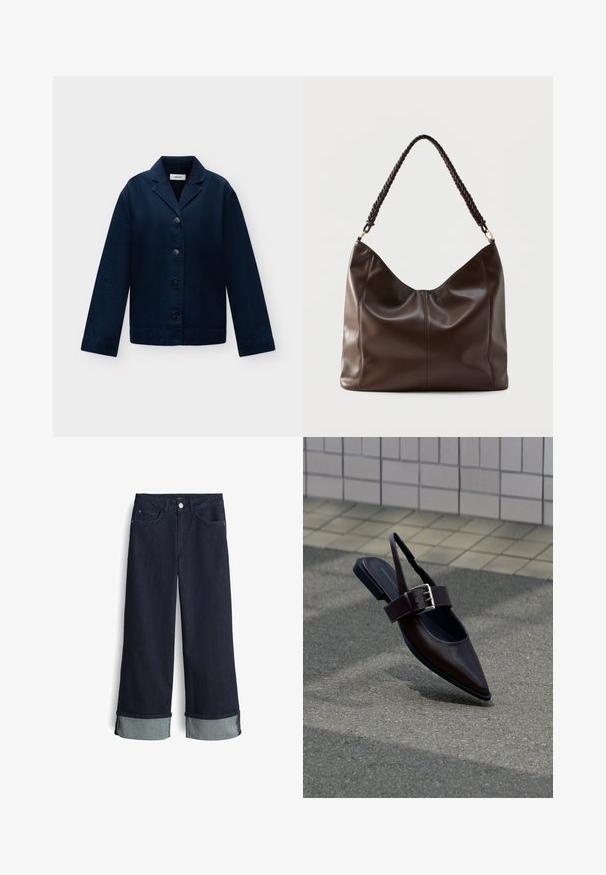 Donkerblauwe jasje met knopen, lange mouwen en een ingezette kraag, plat uitgespreid op een lichte achtergrond.; Donkerblauwe denim wijdvallende jeans met een hoge taille, voorzien van opgerolde zoommanchetten in een lichter blauwe stof en een standaard vierzakkenontwerp.; Donkerbruine platte slingback schoen met puntige neus, brede band en grote zilveren gesp, op asfalt bij een betegelde muur.; Donkerbruine leren schoudertas met een gevlochten handvat en zichtbare naden aan de voorkant.