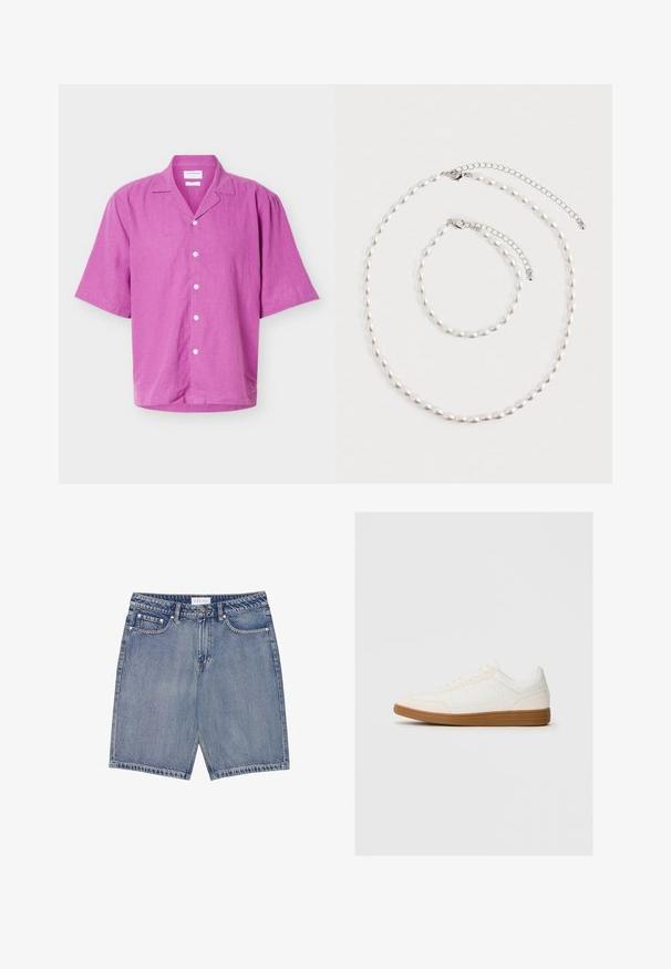 Camisa de manga corta con botones en color magenta brillante, con cuello clásico y botones blancos, presentada sobre un fondo claro liso.; Shorts de denim con un lavado azul claro, que presentan cinco bolsillos, pasadores para el cinturón y costuras en contraste. Pierna de corte recto con un dobladillo sin terminar.; Zapatilla blanca con una puntera de ante, parte superior sintética suave y suela de goma marrón. Presenta perforaciones en los laterales para mayor transpirabilidad.; Collar de perlas y pulsera a juego con broches de cadena de plata, dispuestos sobre un fondo blanco.