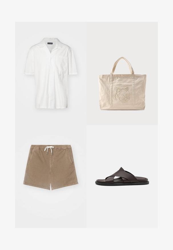 Chemise blanche à manches courtes en mélange de coton, avec un col pointu, une poche avant et un discret accent brodé sur le côté gauche.; Shorts en coton marron avec une taille élastique et un cordon de serrage blanc, dotés de deux poches latérales et d'une coupe droite.; Stuart Weitzman BERKLEY - Mules - espresso; Sac fourre-tout en toile beige avec doubles anses et un motif en relief de tête de loup sur la poche avant.