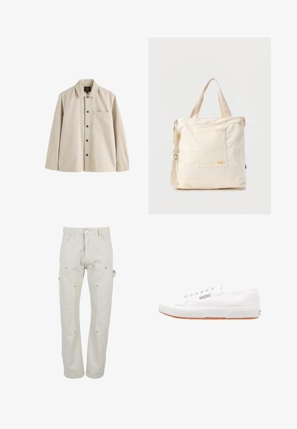 Beige langærmet skjorte med knapper, krave og en brystlomme, lavet af et robust stof.; Lyse beige cargobukser lavet af holdbart bomuld. Har flere lommer, trykknapper og et design med lige ben.; Hvide kanvas sneakers med gummisål, snørebåndsdesign og et lille logo mærke på siden. Tekstureret hvid overdel og brun ydersål.; Kremfarvet lærredstote-taske med frontlomme, to håndtag, justerbar skulderrem og lille gul "O.N.S" tekst i nederste højre hjørne af lommen.