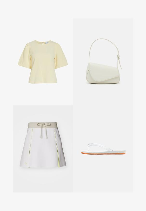 Blouse jaune clair à manches courtes avec col rond, tissu texturé et petite fermeture par bouton dans le dos.; Jupe shorts blanche avec une ceinture élastique beige et un cordon de serrage. Présente des accents latéraux néon jaune et des plis. Logo Lacoste en bas à gauche.; Tongs blanches avec des brides en plastique transparent et une semelle texturée orange, vues de côté sur un fond uni.; Sac à main en cuir synthétique blanc avec une forme triangulaire structurée, une bandoulière unique réglable et un rabat à courbes accentuées.