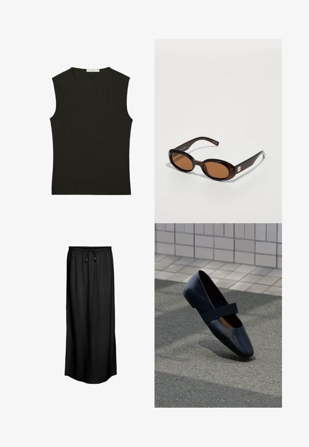 Top noir sans manches en tissu lisse ; coupe ajustée avec un col rond ; aucun motif ni accent visible.; Jupe maxi noire avec taille à cordon de serrage et deux boutons en bois, dotée d'un tissu lisse et léger et d'un design simple et droit.; Chaussure plate en cuir noir avec un bout arrondi, dotée d'une douce sangle élastique noire sur le cou-de-pied. Texture lisse et design minimaliste.; Lunettes de soleil écaille de tortue marron avec des verres ovales, dotées d'une fine monture et d'un petit accent métallique sur le côté. Fini texturé et poli.
