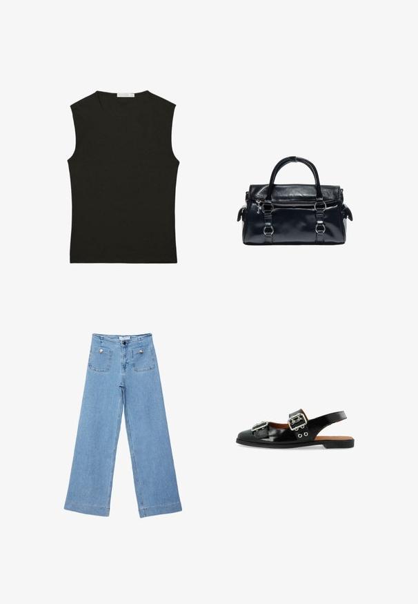 Sort ærmeløs top lavet af glat stof; tætsiddende design med rund halsudskæring; ingen synlige mønstre eller detaljer.; Lyseblå vidbenede denimjeans med høj talje, forlommer sikret med sølvknapper og lukning med knap og lynlås.; Sorte patentlæder slingback sko med to sølvspænder, flad sål og dekorative øjer på siden for ekstra detaljer.; Sort læderhåndtaske med to håndtag, frontlynlåslomme og sølvfarvede metaldetaljer på hvid baggrund.