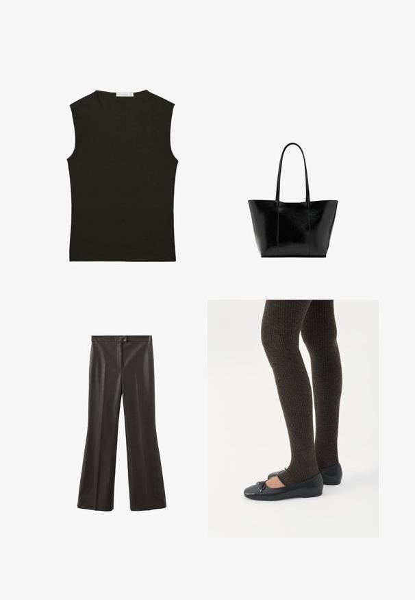 Top noir sans manches en tissu lisse ; coupe ajustée avec un col rond ; aucun motif ni accent visible.; Pantalon en cuir noir avec une coupe évasée très large, une taille plate à l'avant, et une texture lisse et brillante. Aucun élément métallique ou motif visible.; Jambes portant des leggings côtelés foncés associés à des ballerines noires avec de petits détails en nœud sur fond blanc.; Grand sac fourre-tout noir avec de longues poignées et une texture en cuir lisse légèrement brillante, centré sur un fond blanc.