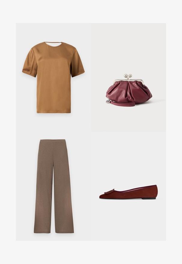 Blouse en satin brun à manches courtes, avec un col rond et un petit détail découpé au niveau du col arrière.; Pantalon marron à jambes larges avec ceinture plate, sans poches ni fermetures visibles, présenté sur un fond blanc.; Chaussure plate en daim marron pour femme avec bout pointu et grande boucle décorative sur le dessus sur fond uni.; Petite pochette en cuir bordeaux avec fermoir en métal argenté et bracelet pour poignet sur fond blanc.