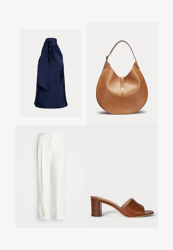 Haut dos nu en satin bleu marine avec un col noué, présentant une texture lisse et une silhouette drapée, idéal pour les occasions formelles.; Pantalons blancs ajustés avec deux plis avant, coupe droite et ourlets repliés. Fabriqués en tissu lisse, présentant un design classique.; Mules à talons en cuir marron avec une large ouverture au niveau des orteils, un empeigne incurvée et un talon cylindrique empilé comportant des lignes horizontaless.; Sac hobo en cuir marron avec une bandoulière unique et une fermeture métallique dorée avec un petit logo cheval.