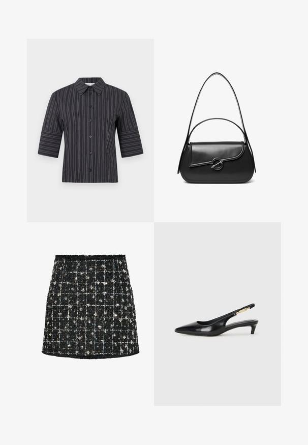 Camisa negra de manga corta con botones, rayas blancas verticales finas y cuello puntiagudo, mostrada sobre un fondo blanco liso.; Falda de tweed negra con un patrón de cuadros, adornada con lentejuelas y pequeños acentos florales, con un dobladillo deshilachado y un diseño ajustado.; Tacones negros de piel sintética tipo slingback con punta afilada, que cuentan con un tacón delgado y un detalle en tono dorado en la correa ajustable. Textura suave.; Bolso de hombro de cuero negro con una solapa curva asegurada por un broche metálico redondo y una correa delgada y ajustable.