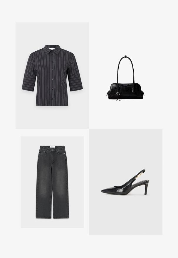 Sort kortærmet skjorte med knapper, dekorert med vertikale hvite nålestriper og spiss krage, vist på en ensfarget hvit bakgrunn.; Sorte jeans med vide ben i denim med en falmet finish, der har lukning med knap og lynlås, fem-lomme-design og kontrasterende syninger.; Sort læder slingback højhælede sko med spidse tæer, glat overflade og en smal ankelrem med guldfarvede hardware detaljer.; Sort skuldertaske i krokodillelæder med lange stropper og lille sølvlogo-charm på den ene strop.