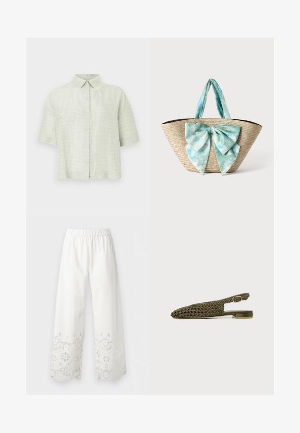 Chemise vert clair à manches courtes en tissu texturé, avec fermeture à boutons sur le devant et col classique.; Pantalon blanc à jambes larges avec taille élastique et détails en dentelle florale découpée le long de l'ourlet large.; Chaussure slingback plate tissée vert olive avec un petit talon carré et une bride à boucle dorée réglable.; Sac cabas en paille tressée avec de larges anses en tissu tie-dye bleu clair et blanc et un grand nœud assorti en tissu à l'avant.