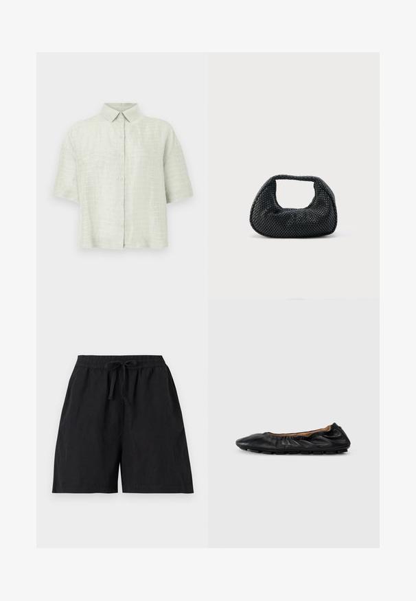 Chemise vert clair à manches courtes en tissu texturé, avec fermeture à boutons sur le devant et col classique.; Short noir décontracté avec ceinture élastique et cordon à l'avant, avec poches latérales et coupe ample.; Ballerines en cuir noir avec des détails froncés au col, bout rond et semelle en caoutchouc flexible. Texture lisse dans l'ensemble.; Sac hobo tissé noir avec une structure souple et une poignée intégrée, présenté sur un fond clair uni.