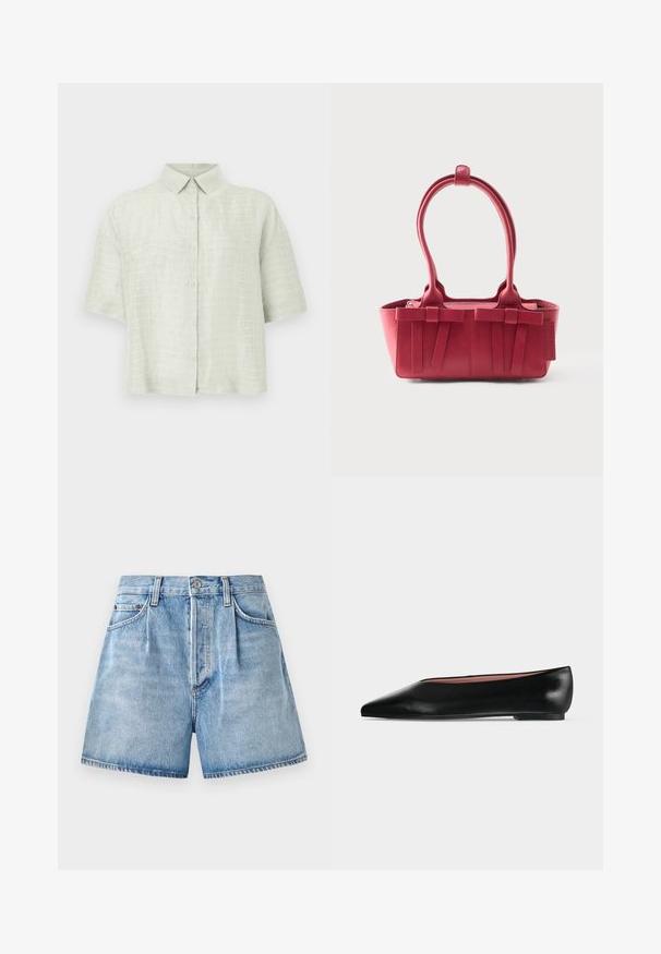 Kurzärmeliges hellgrünes Hemd aus strukturierter Stoffqualität, mit durchgehender Knopfleiste und klassischem Kragen.; Helle blaue Jeansshorts mit hoher Taille, ausgestattet mit einem Knopf- und Reißverschluss, vorderen Taschen und einem rohen Saum.; Schwarzer flacher Damenleder-Schuh mit spitzer Kappe und niedrigem Absatz, von der Seite auf einfarbigem hellgrauem Hintergrund gezeigt.; Rote Lederhandtasche mit zwei oberen Griffen, dekorativen Schleifen auf der Vorderseite und einem Anhänger an der Seite vor weißem Hintergrund.