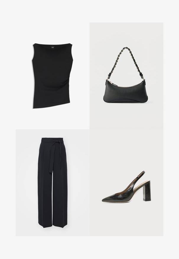 Haut noir sans manches, cintré, avec encolure bateau, fronces discrètes sur les côtés et étiquette de la marque BOSS à l'intérieur du col.; Pantalons noirs à jambes larges en tissu doux. Dotés d'une taille ceinturée et de plis avant. Texture lisse avec un design épuré et contemporain.; Chaussure slingback en cuir noir à bout pointu avec un talon bloc haut et une doublure intérieure beige sur un fond clair uni.; Sac à bandoulière en cuir noir de forme rectangulaire incurvée, avec une chaîne dorée tissée dans la bandoulière noire tressée et une fermeture éclair sur le dessus.