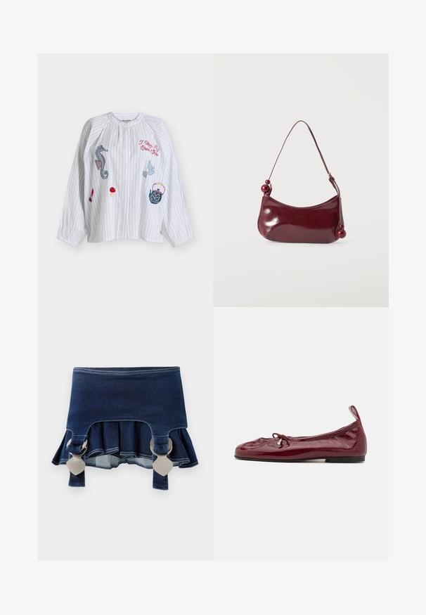 Blouse blanche à manches longues avec de légères rayures verticales, ornée d'un hippocampe brodé, d'un champignon, d'un oiseau, d'une théière et d'un texte rouge affichant "I Run My Own Show."; Jupe en denim à ourlet évasé. Elle présente deux fermetures ajustables grises, une couleur bleu foncé et des détails de couture contrastants le long de l'ourlet.; Ballerines en cuir verni bordeaux avec un bout arrondi, semelle noire fine et un accent de nœud à l'avant. Texture lisse et brillante.; Petit sac à épaule rouge foncé brillant avec un bord supérieur incurvé et des perles rondes décoratives aux extrémités de la bandoulière.