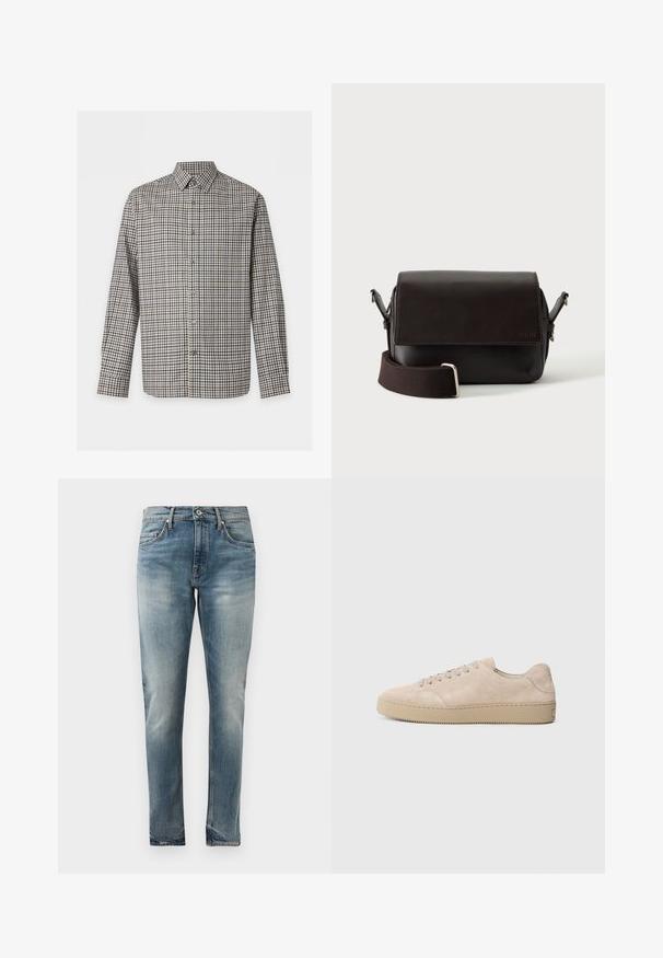 Skjorte med lange ærmer med små sort-hvide og brune tern og en standard krave, vist på hvid baggrund.; Slim-fit blå denimjeans med falmet vask, fem-lomme stil, knaplukning og diskret slidmærker ved hofter og knæ.; Beige ruskinds sneaker med en rund tå, flade snørebånd og en tekstureret gummisål. Minimalistisk design med glatte kanter og diskret syning.; Mørkebrun lædertaske med flaplukning og justerbar stofrem på hvid baggrund.