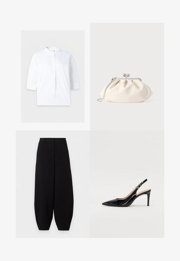 Blouse blanche avec manches trois-quarts et petit col montant, patte de boutonnage dissimulée à l'avant, design uni.; Pantalon noir à jambes larges et courtes, taille haute, sans poches visibles ni ornements.; Pompe slingback en cuir verni noir avec un bout pointu, un talon fin et un design de découpes subtil. Elle dispose d'une boucle dorée sur la sangle.; Pochette en tissu crème avec un design froncé, cadre en métal argenté, deux boules décoratives, et une bandoulière chaîne argentée.
