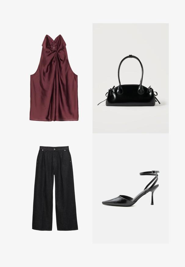 Top en satin bourgogne avec un col haut, un détail froncé à l'avant et une conception sans manches. Texture lisse et drapé doux sur l'ensemble.; Pantalon en denim noir à jambes larges avec une taille haute, doté d'un bouton à l'avant, de deux poches latérales et de détails de couture subtils.; Escarpin noir à bout pointu avec fines brides de cheville et fermeture à boucle argentée sur fond clair uni.; Petit sac à main noir brillant avec deux longues anses et des détails à cordon sur les côtés sur un fond clair uni.