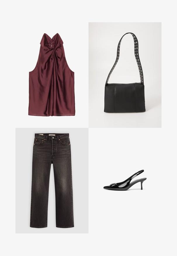 Bordeaux satin top med høj krave, sammenfoldet frontdetalje og ærmeløs design. Glat tekstur og blød drapering gennem hele toplappen.; Sorte denim jeans med lige ben design. Har kobber nitter og lommer. Glat tekstur og let falmet finish.; Sorte laklæder slingback hæle med spidse tæer og en blank finish. Har en slank hæl og en rund detalje ved vampen.; Sort læderhåndtaske med rektangulær form, udstyret med lynlås lukning og en polkaprikket rem. Glat tekstur, minimalt syning.
