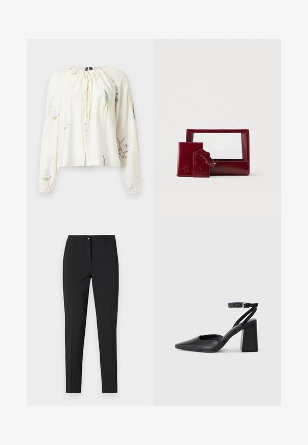 Blouse crème à manches longues avec boutons sur le devant, encolure à cordon et broderie florale multicolore sur les manches et le devant.; Pantalons noirs ajustés en tissu lisse, avec une taille classique, une fermeture éclair sur le devant et des poches latérales au design élégant et sur mesure.; Escarpin noir en cuir à bout pointu avec une bride de cheville et un talon épais. Texture lisse, design élégant et esthétique minimaliste.; Ensemble de pochettes en cuir bordeaux comprenant un devant transparent, un petit porte-cartes et une étiquette de bagage, tous dotés de textures lisses et de détails embossés.