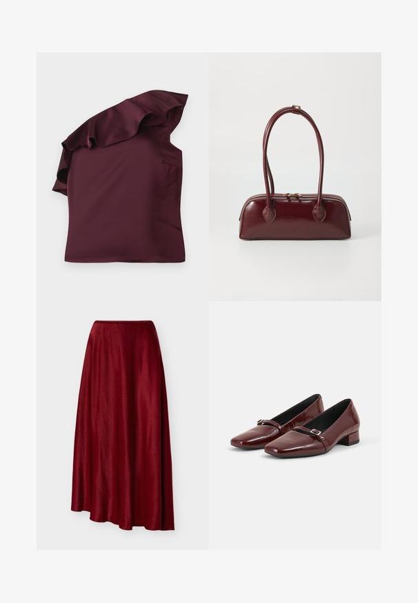 Top en satin bordeaux avec un design à épaules dénudées à volants. Texture lisse avec une coupe asymétrique et une poche latérale discrète.; Jupe longue en satin rouge foncé, fluide, avec un ourlet asymétrique et une texture lisse, présentée sur un fond clair uni.; Paire de chaussures brillantes rouge foncé à petits talons avec une petite bride à boucle sur le dessus, posées sur un fond gris clair uni.; Sac à main en cuir bordeaux avec une forme courbée, deux poignées, fermeture éclair et détails de couture subtils. Fini lisse et brillant.