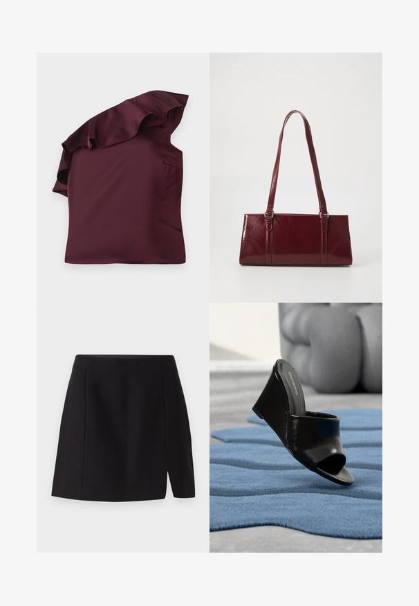 Top en satin bordeaux avec un design à épaules dénudées à volants. Texture lisse avec une coupe asymétrique et une poche latérale discrète.; Mini-jupe noire en tissu lisse, dotée d'une taille ajustée et d'une fente à l'avant qui apporte une touche moderne à son design simple.; Chaussure mule à talon compensé noir avec bout ouvert sur un tapis bleu texturé, canapé gris flou en arrière-plan.; Sac à main bordeaux en matériau brillant, de forme rectangulaire, avec deux anses et des accents légèrement courbés à l'avant.