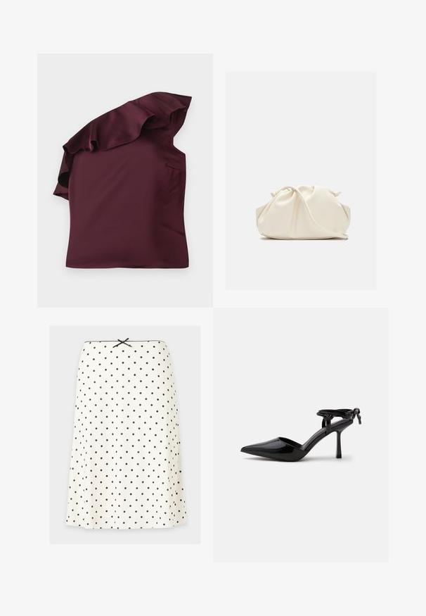 Top en satin bordeaux avec un design à épaules dénudées à volants. Texture lisse avec une coupe asymétrique et une poche latérale discrète.; Jupe blanche trapèze à pois noirs, un petit nœud noir à la taille, et un bord festonné le long du bord supérieur.; Chaussure à talon haut en cuir verni noir avec bout pointu et bride de cheville nouée à l'arrière, présentée sur un fond blanc uni.; Pochette en cuir souple couleur crème avec un design froncé et une fine bandoulière reposant à l’avant sur un fond uni.