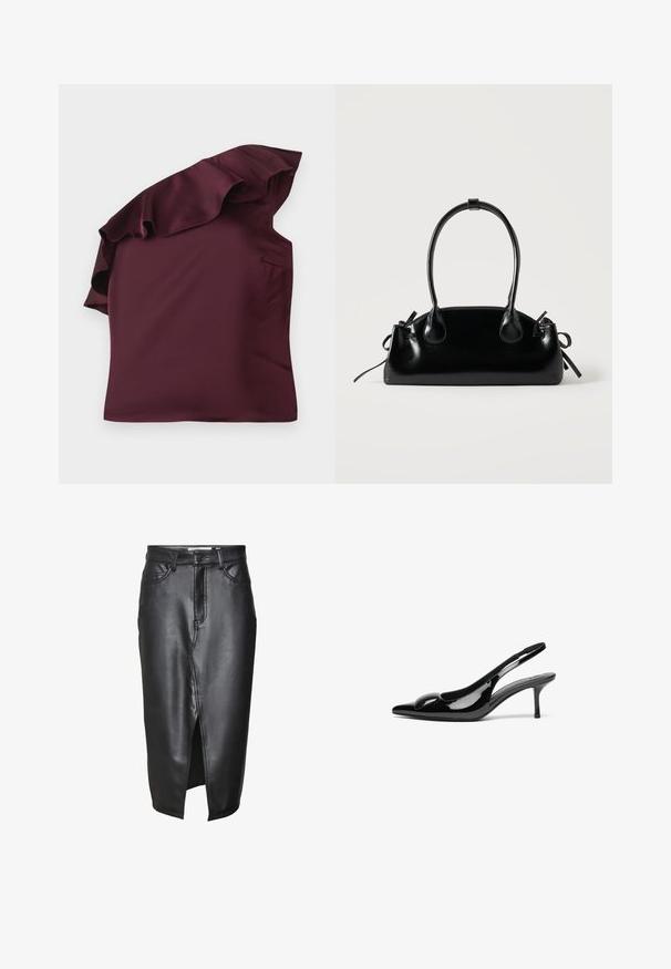 Top en satin bordeaux avec un design à épaules dénudées à volants. Texture lisse avec une coupe asymétrique et une poche latérale discrète.; Jupe en cuir noir au design mi-long, dotée d'une fente sur le devant, de passants de ceinture classiques et de détails cousus le long des coutures.; Escarpins slingback en cuir verni noir avec un bout pointu et une finition brillante. Présente un talon fin et un accent arrondi au dessus du pied.; Petit sac à main noir brillant avec deux longues anses et des détails à cordon sur les côtés sur un fond clair uni.