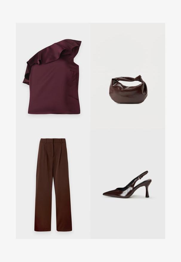Top en satin bordeaux avec un design à épaules dénudées à volants. Texture lisse avec une coupe asymétrique et une poche latérale discrète.; Pantalons évasés d'une riche couleur marron, fabriqués en tissu lisse avec un devant plat, deux plis et des passants de ceinture à la taille.; Talons slingback en cuir verni brun avec un bout pointu, un talon fin, et une sangle réglable avec une petite boucle.; Sac bandoulière en cuir marron foncé avec une forme souple et décontractée et une anse nouée torsadée sur un fond blanc uni.
