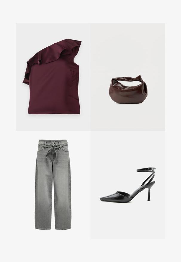 Bordeaux satijnen top met een geraffineerd ontwerp met één schouder. Gladde textuur met een asymmetrische snit en een subtiele zijzak.; Grijze denim jeans met wijde pijpen, een trekkoord in de taille en voorzakken. De stof heeft een lichte textuur en een vervaagde afwerking.; Zwarte pumps met puntige neus, dunne enkelbandjes en een zilveren gesp op een effen lichte achtergrond.; Donkerbruine leren schoudertas met een zachte, slungelige vorm en een gedraaide knoopvormige handgreep op een effen witte achtergrond.