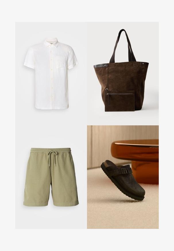 Scotch & Soda CORE SHIRT - Skjorter - off white; Olivenfarvede shorts, lavet af bomuld, med elastisk talje og snøre, der har sidelommer og en lige pasform. Glat tekstur.; Mørkebrun slip-on sko med spænde og rillede sål, vist på beige tæppe nær rundt, ravfarvet bord.; Mørkebrun ruskindstaske med sorte håndtag og en tilsvarende rektangulær lynlåspung fastgjort foran.