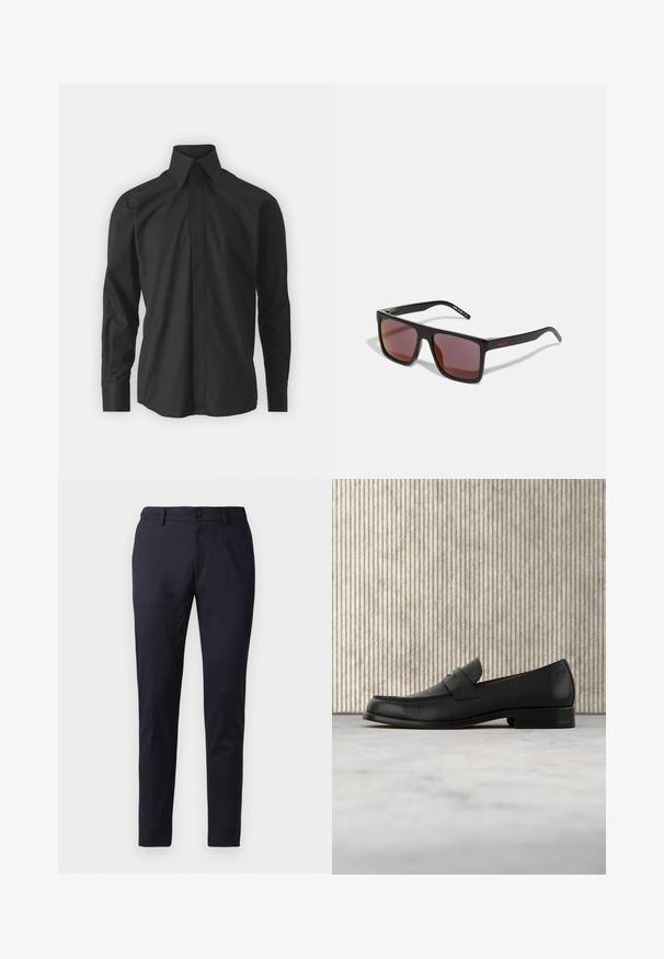 Camisa negra de manga larga, con botones en el frente, cuello clásico, textura suave, que presenta detalles de costura sutiles y puños con botones.; Pantalones marinos de tela suave, con un corte ajustado, lazos para cinturón y un cierre de botón único. Piernas rectas con pliegues sutiles.; Zapato mocasín de cuero negro flotando sobre una alfombra beige con una mesa redonda marrón brillante al fondo.; Gafas de sol rectangulares negras con lentes de color rojo oscuro, con un acabado mate y un logo rojo en la patilla. Montura de plástico resistente.